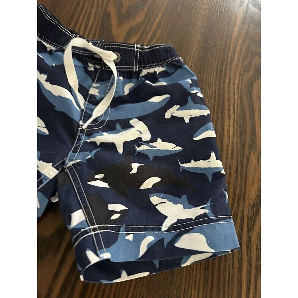 Hanna Andersson Shark Print Swim Shorts‎ Sz 2 / 80 cm Blue White Trunks toddler